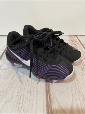 Nike Girls Softball Baseball Cleats Kids 11C Black Purple Like New T-Ball